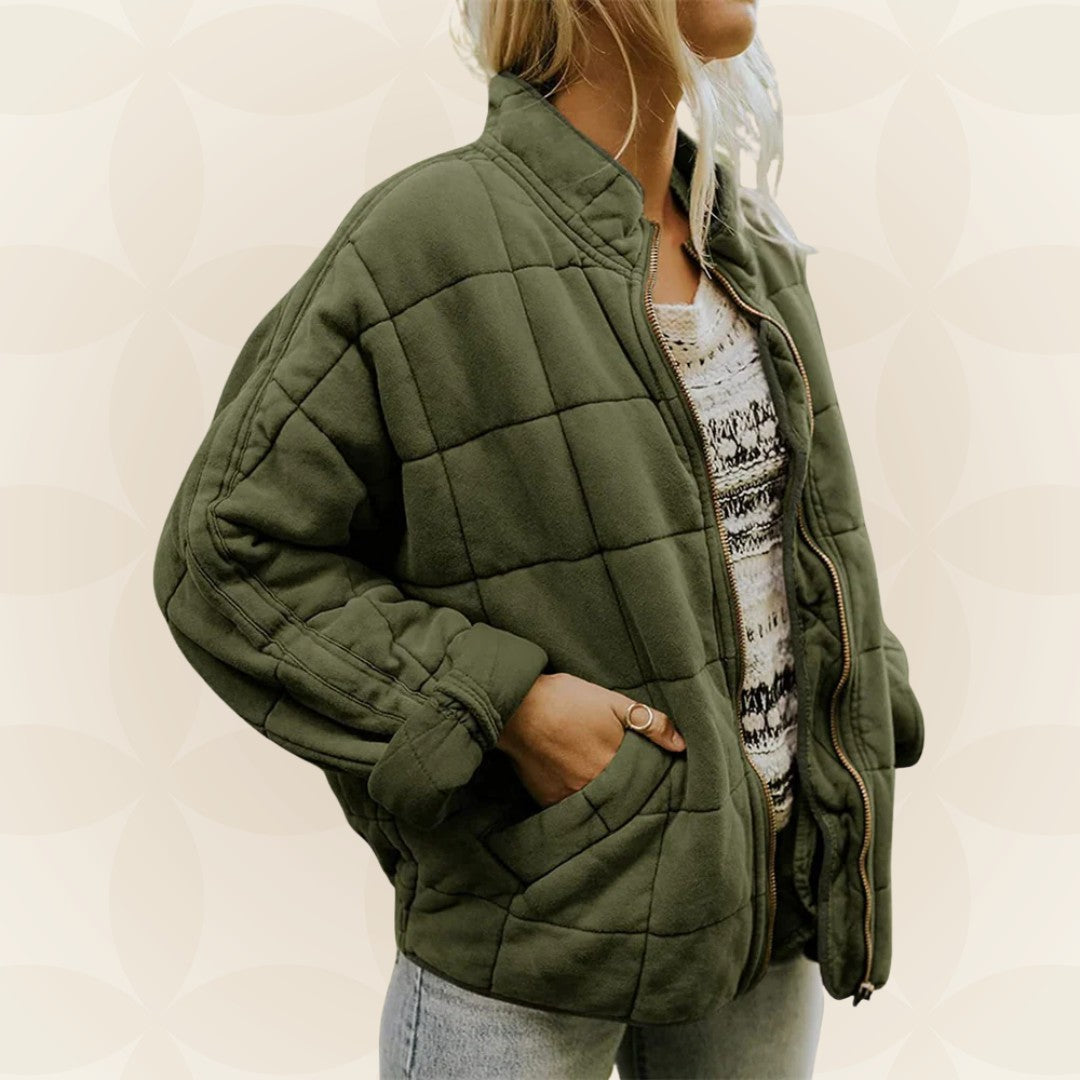 Lockere Damen-Steppjacke mit Stehkragen, Reißverschluss und tiefen Taschen in Grün