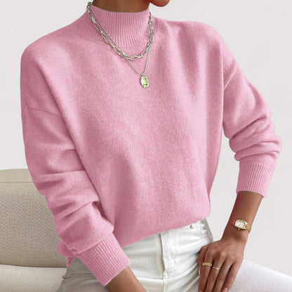 Lockerer Damen-Strickpullover mit Stehkragen, überschnittenen Schultern und Rippsaum in Rosa
