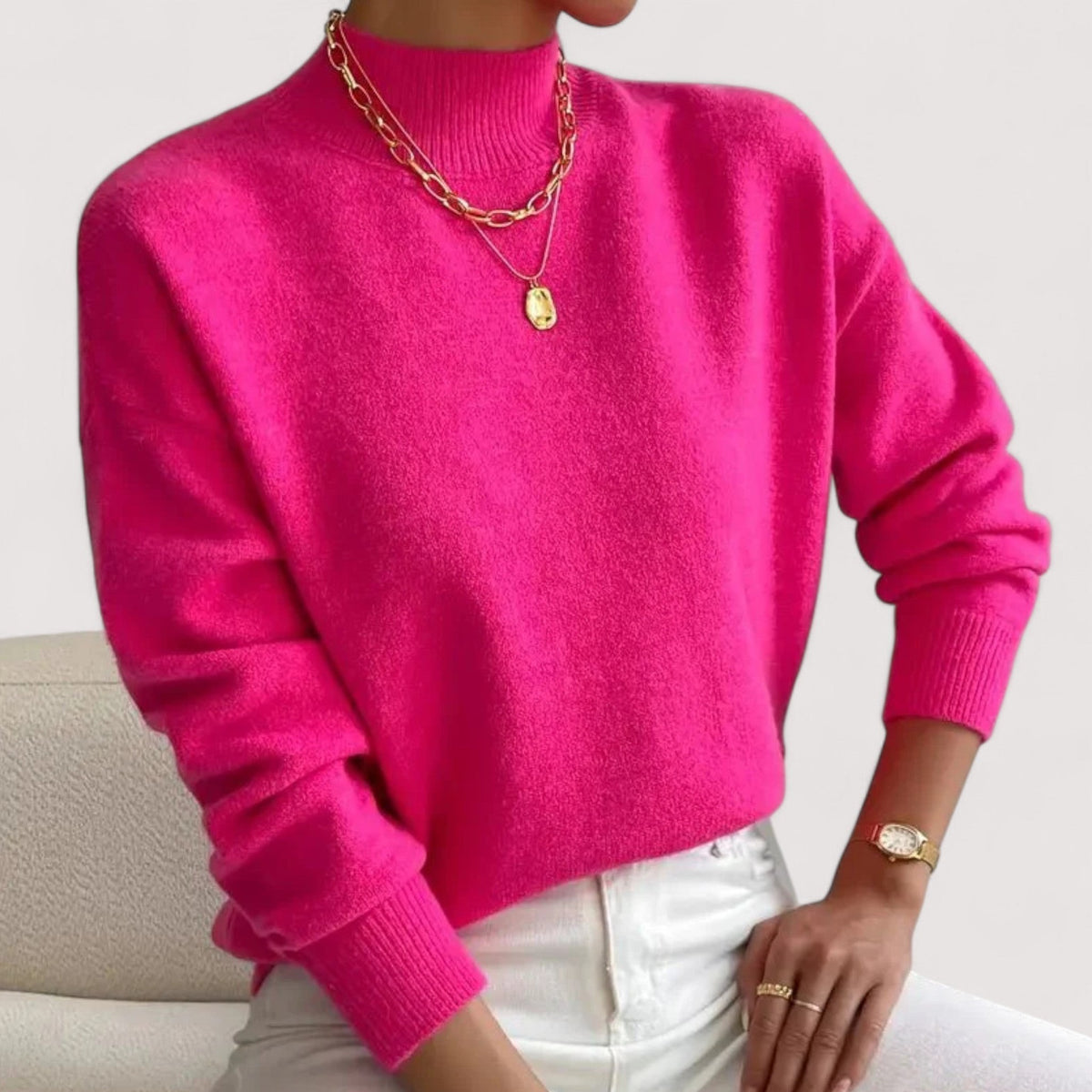 Lockerer Damen-Strickpullover mit Stehkragen, überschnittenen Schultern und Rippsaum in Pink