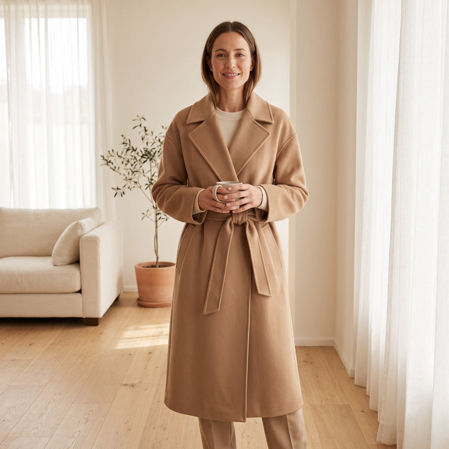 Langer Damen-Wickelmantel aus Wollmischung mit Bindegürtel und breitem Revers