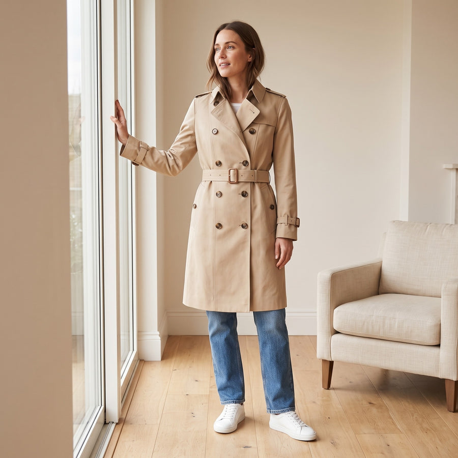 Zweireihiger Damen-Trenchcoat aus Baumwoll-Gabardine mit Gürtel
