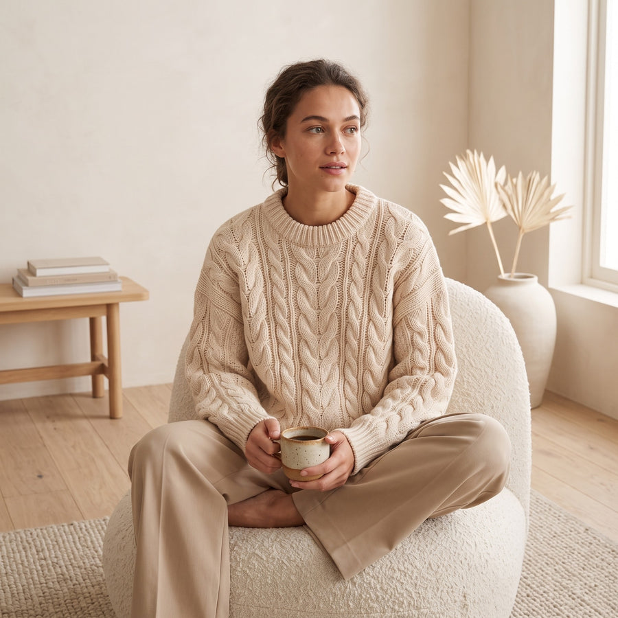 Oversized Damen-Zopfstrickpullover mit Rundhals und überschnittenen Schultern