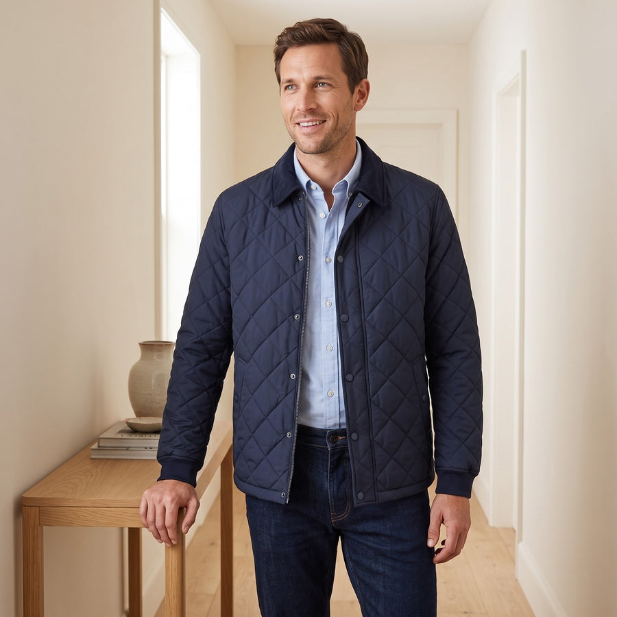 Gesteppte Herrenjacke mit Rautensteppung und Cordkragen für die Übergangszeit