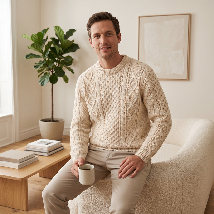 Herren-Zopfstrickpullover aus Lammwolle mit Rundhals im Fischerstil