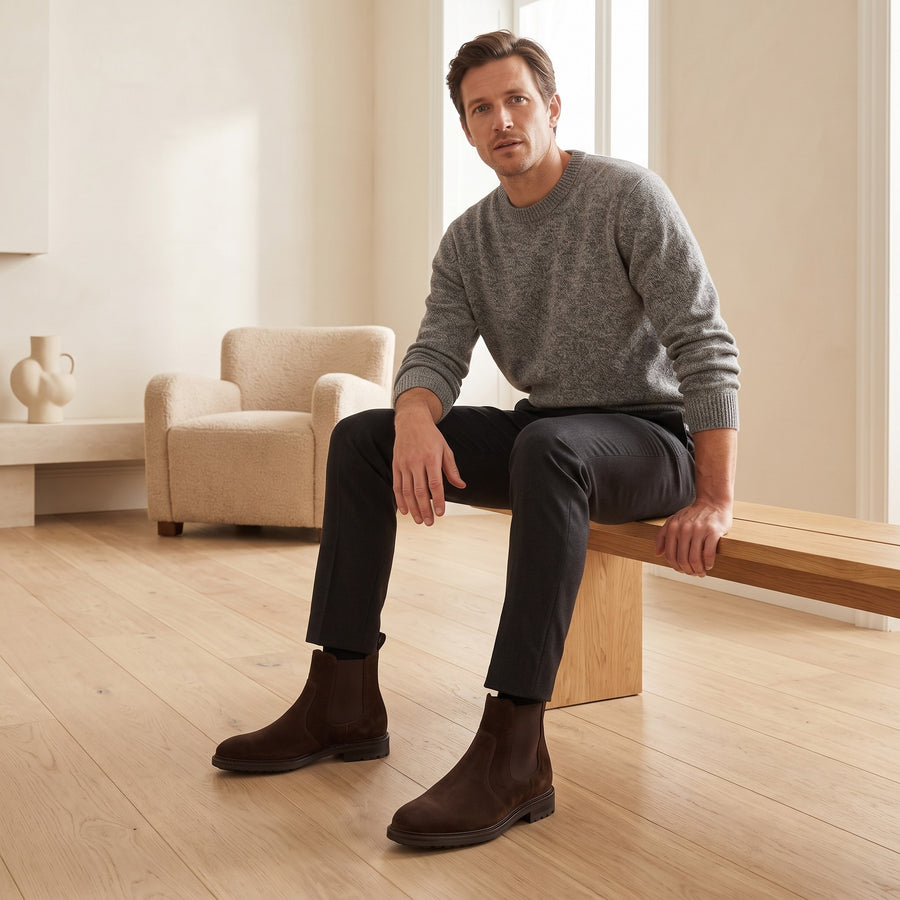 Herren-Chelsea-Boots aus Veloursleder mit elastischen Einsätzen und Profilsohle