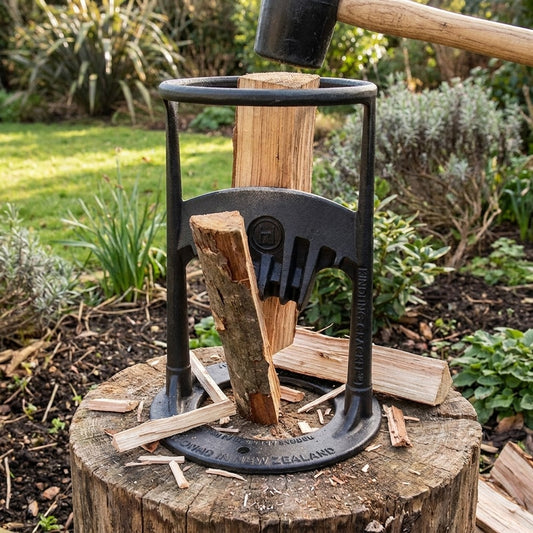 Schwarzer Holzspalter mit gespaltenem Scheit auf einem Hackklotz im Garten