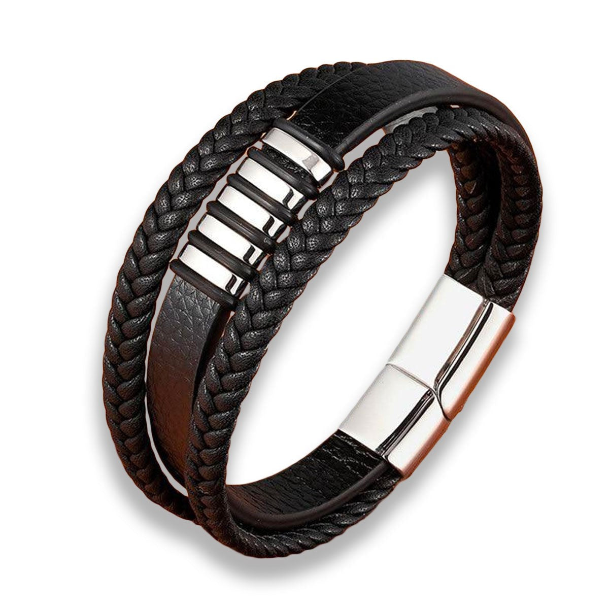 Mehrreihiges Herrenarmband aus geflochtenem Leder mit Magnetverschluss und Metallelementen, Ansicht 5