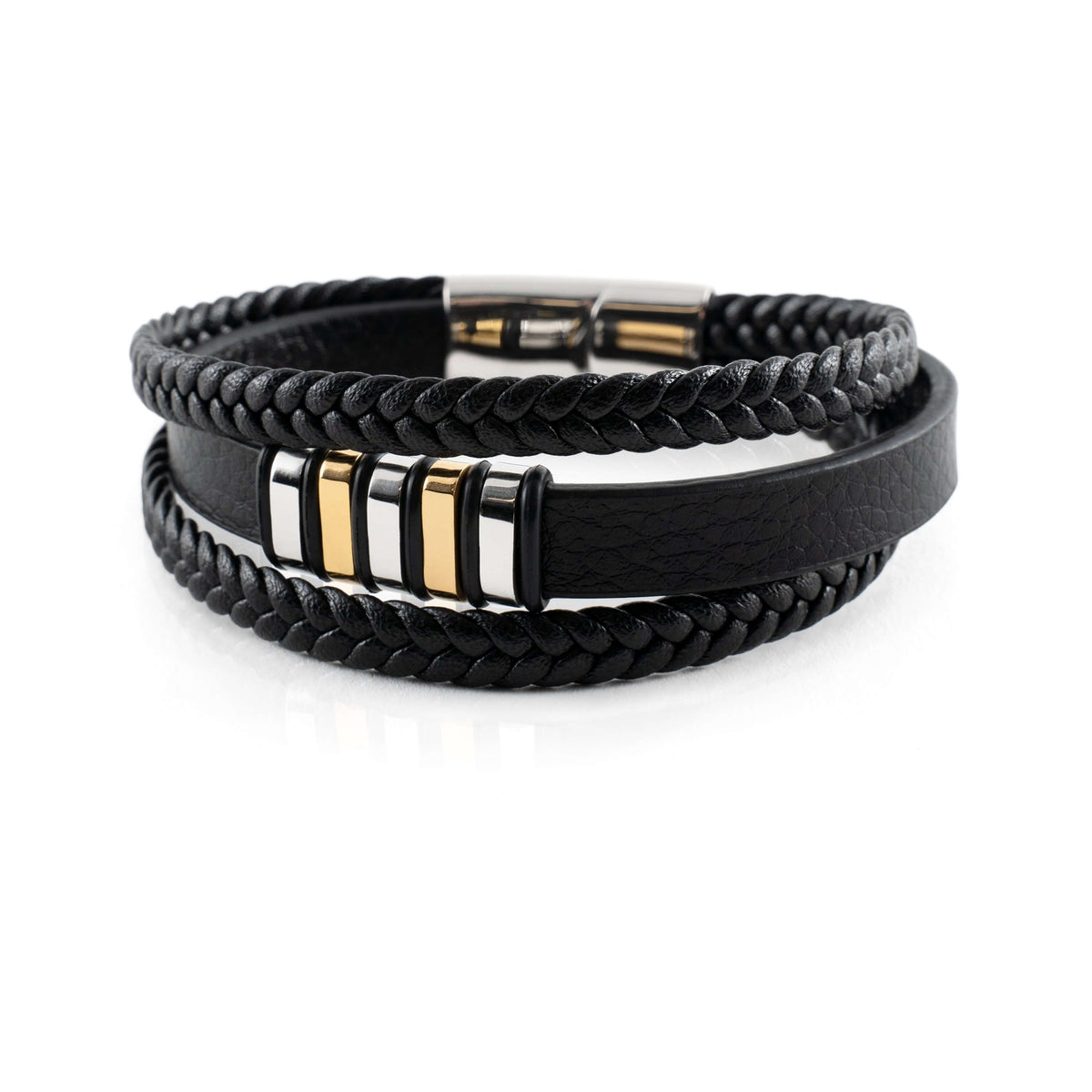 Mehrreihiges Herrenarmband aus geflochtenem Leder mit Magnetverschluss und Metallelementen, Ansicht 6