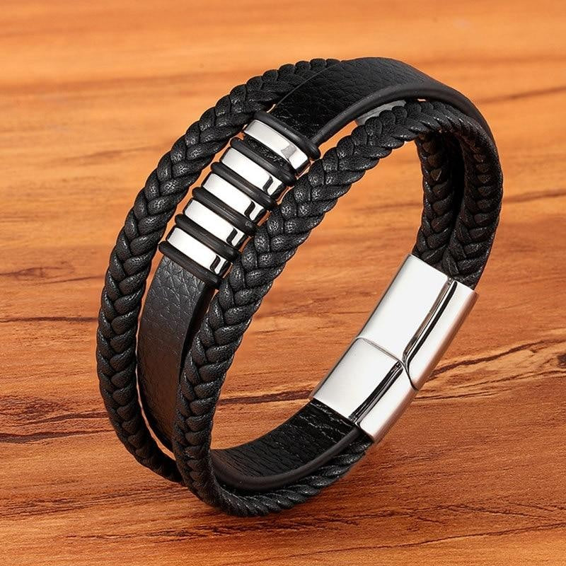Mehrreihiges Herrenarmband aus geflochtenem Leder mit Magnetverschluss und Metallelementen, Ansicht 7