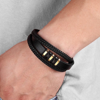 Mehrreihiges Herrenarmband aus geflochtenem Leder mit Magnetverschluss und Metallelementen, Ansicht 8
