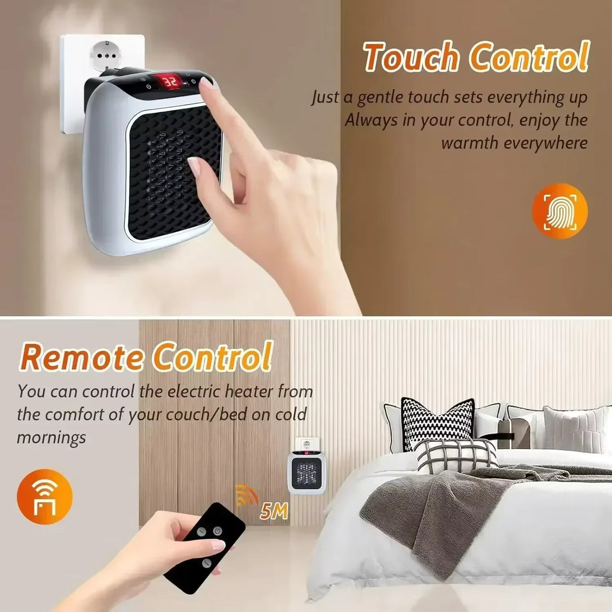 Mini-Heizlüfter für die Steckdose mit Keramikheizung, Thermostat, Timer und Fernbedienung, Ansicht 2