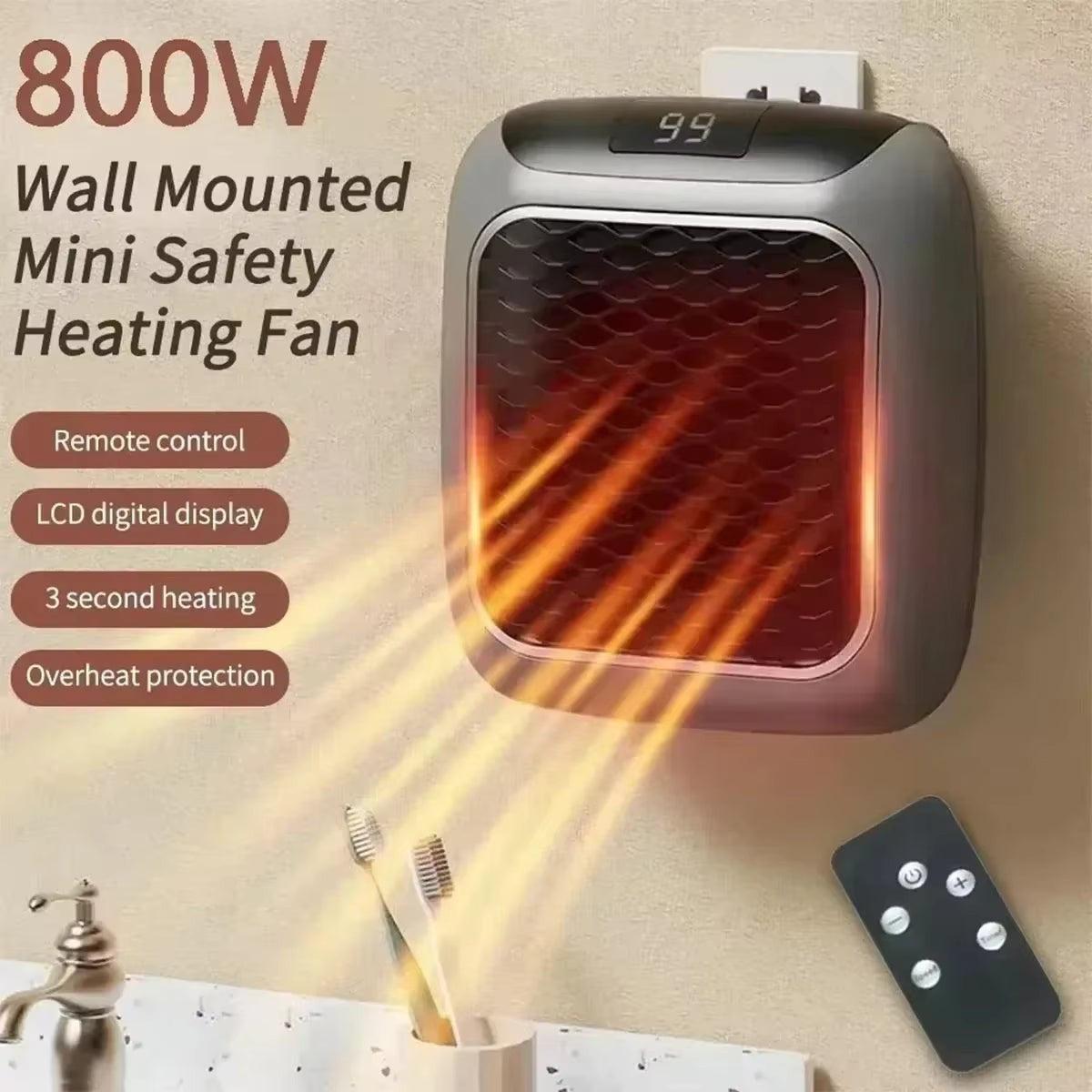 Mini-Heizlüfter für die Steckdose mit Keramikheizung, Thermostat, Timer und Fernbedienung, Ansicht 5