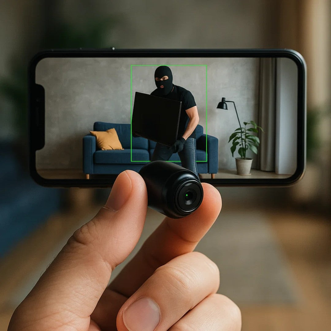 Kleine schwarze Kamera zwischen zwei Fingern vor einem Smartphone mit Livebild