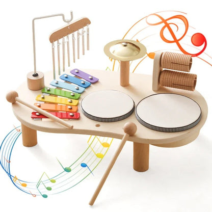Musiktisch für Kinder aus Holz mit Xylophon, Trommeln, Becken und Windspiel, Ansicht 3