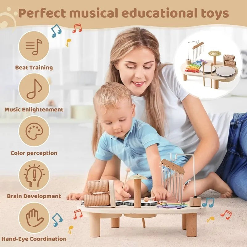 Musiktisch für Kinder aus Holz mit Xylophon, Trommeln, Becken und Windspiel, Ansicht 4