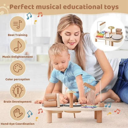 Musiktisch für Kinder aus Holz mit Xylophon, Trommeln, Becken und Windspiel, Ansicht 4