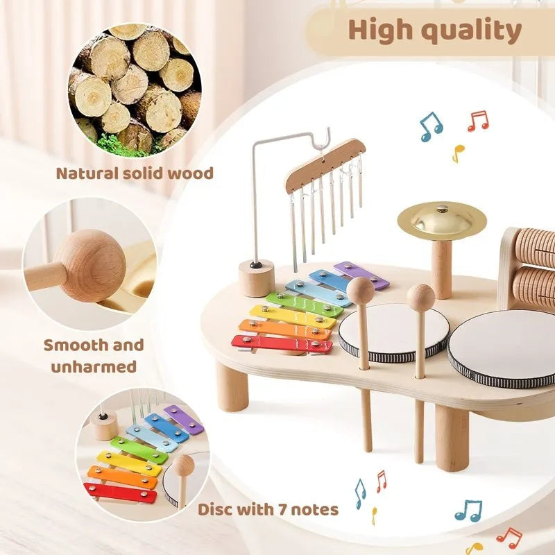 Musiktisch für Kinder aus Holz mit Xylophon, Trommeln, Becken und Windspiel, Ansicht 5