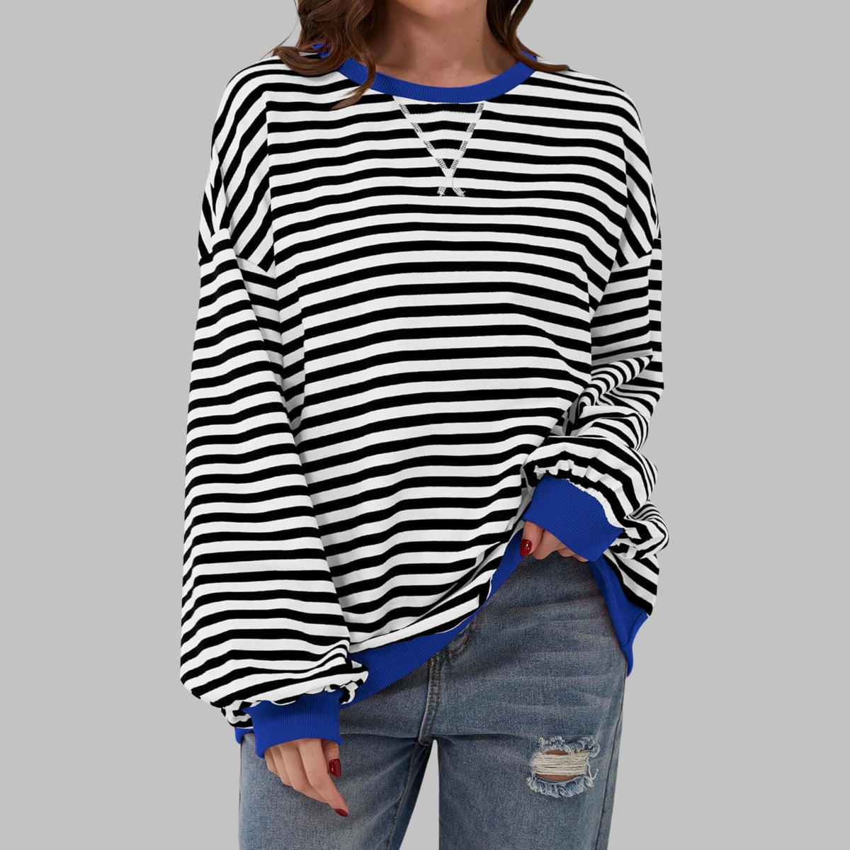 Oversize Damen-Sweatshirt mit Retro-Streifen, Rundhals und Kontrastbündchen in Schwarz