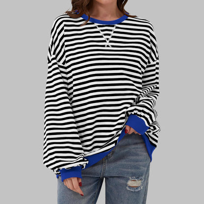 Oversize Damen-Sweatshirt mit Retro-Streifen, Rundhals und Kontrastbündchen in Schwarz