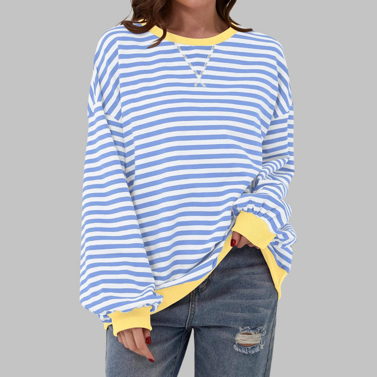 Oversize Damen-Sweatshirt mit Retro-Streifen, Rundhals und Kontrastbündchen in Himmelblau