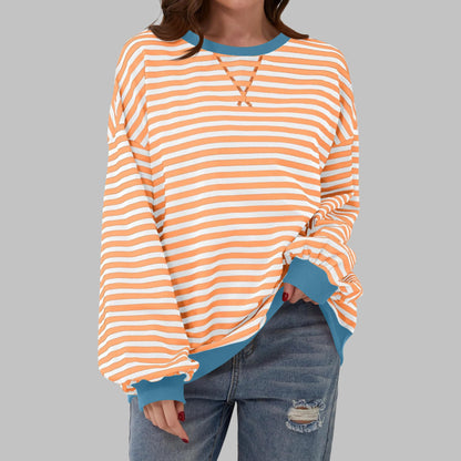 Oversize Damen-Sweatshirt mit Retro-Streifen, Rundhals und Kontrastbündchen in Orange