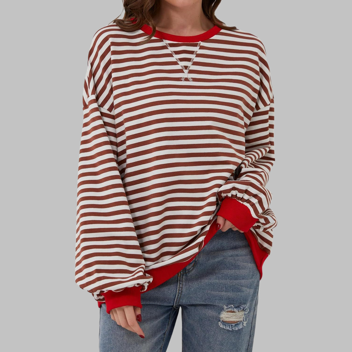 Oversize Damen-Sweatshirt mit Retro-Streifen, Rundhals und Kontrastbündchen in Rot