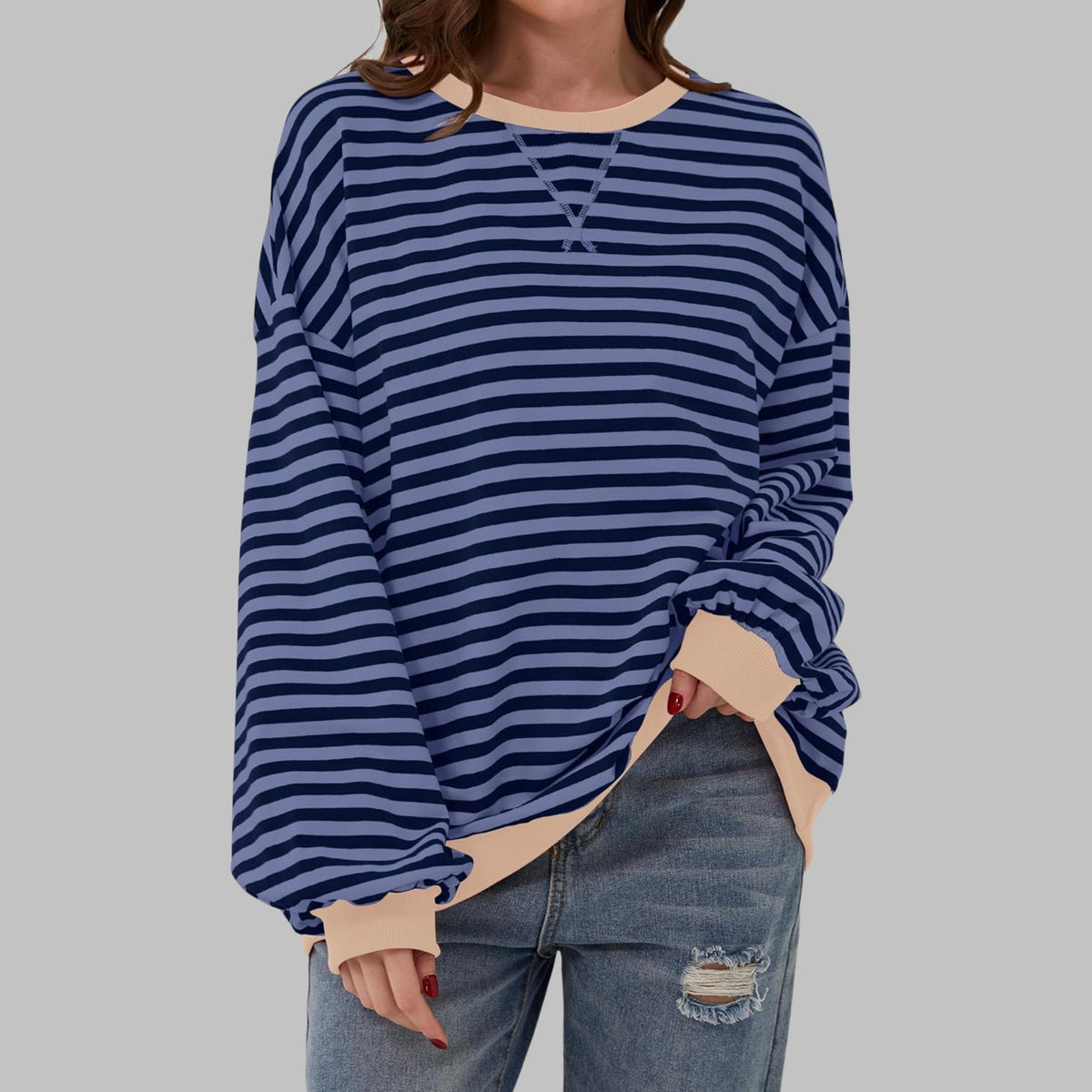 Oversize Damen-Sweatshirt mit Retro-Streifen, Rundhals und Kontrastbündchen in Blau