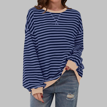 Oversize Damen-Sweatshirt mit Retro-Streifen, Rundhals und Kontrastbündchen in Blau