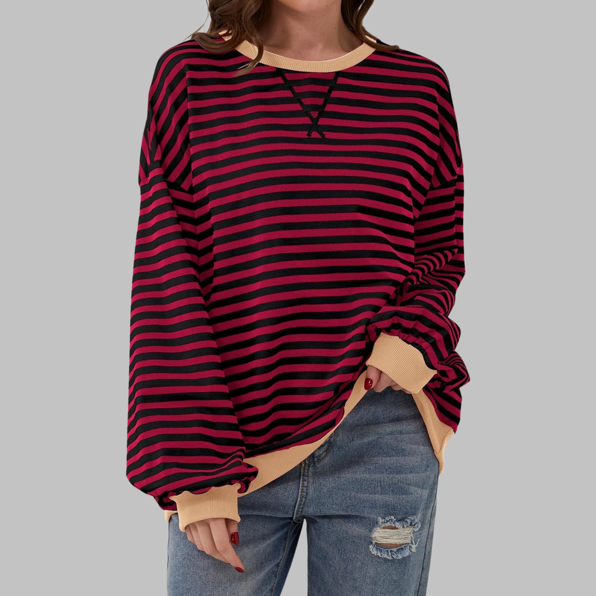 Oversize Damen-Sweatshirt mit Retro-Streifen, Rundhals und Kontrastbündchen in Bordeaux