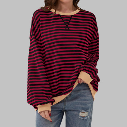 Oversize Damen-Sweatshirt mit Retro-Streifen, Rundhals und Kontrastbündchen in Bordeaux