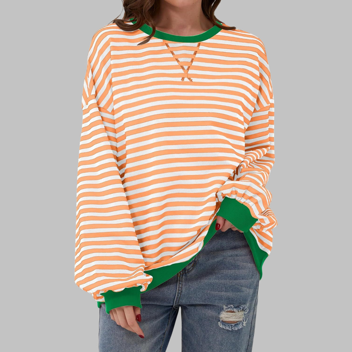 Oversize Damen-Sweatshirt mit Retro-Streifen, Rundhals und Kontrastbündchen in Helles Orange
