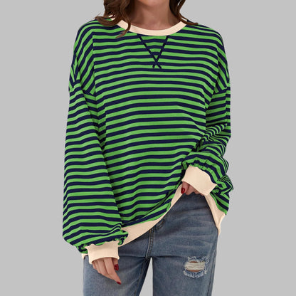 Oversize Damen-Sweatshirt mit Retro-Streifen, Rundhals und Kontrastbündchen in Grün