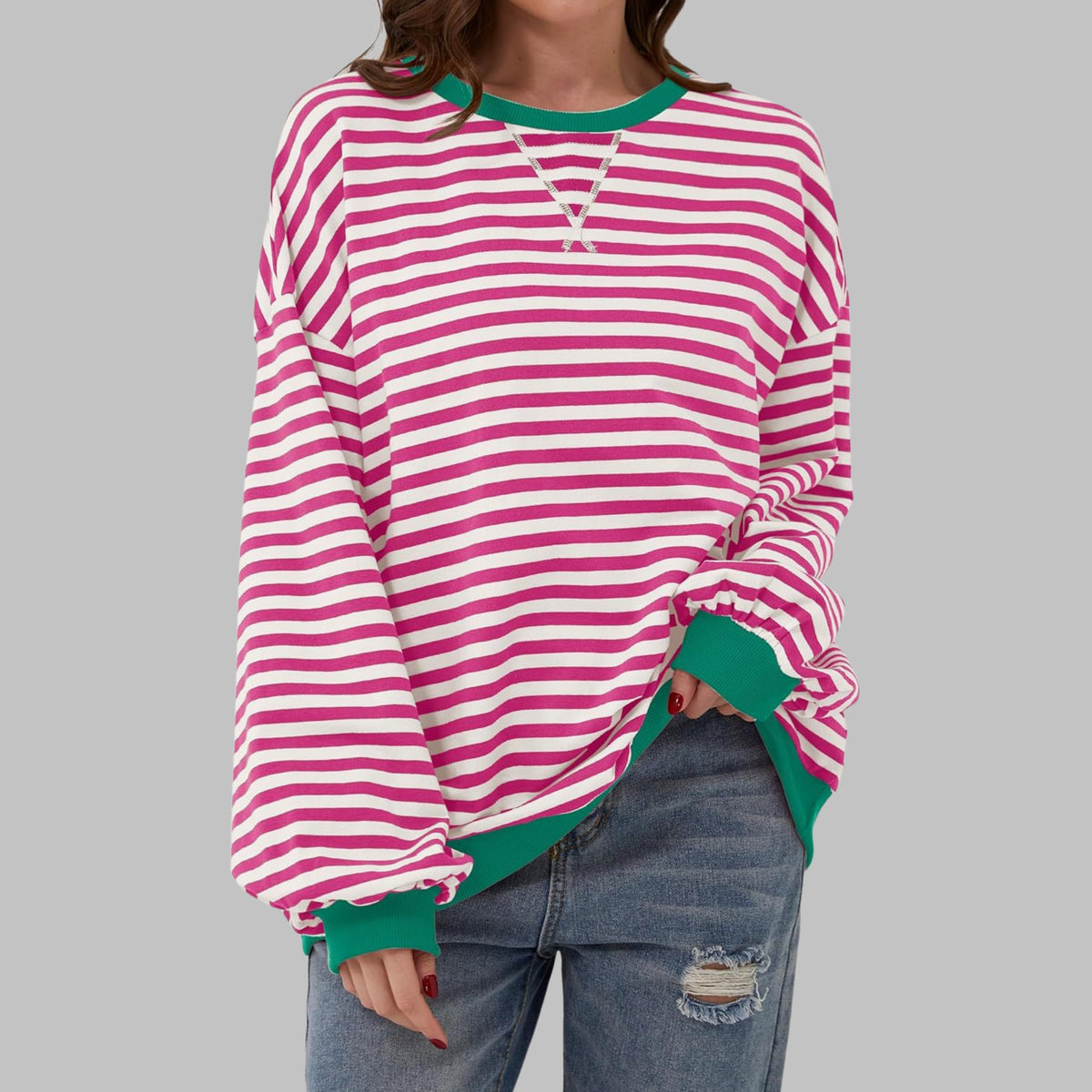 Oversize Damen-Sweatshirt mit Retro-Streifen, Rundhals und Kontrastbündchen in Rosarot