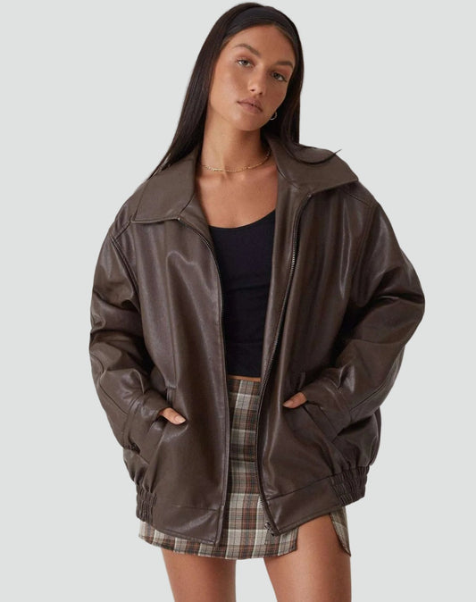 Oversized Damen-Bomberjacke in Lederoptik mit Umlegekragen und Reißverschluss in Braun