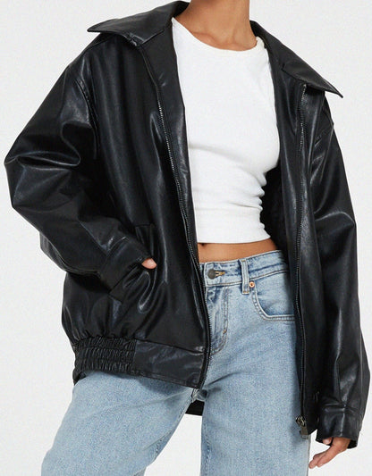 Oversized Damen-Bomberjacke in Lederoptik mit Umlegekragen und Reißverschluss, Ansicht 7