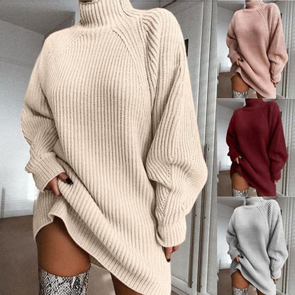 Oversized Damen-Longpullover mit Rollkragen und Rippstrick für den Winter in Beige