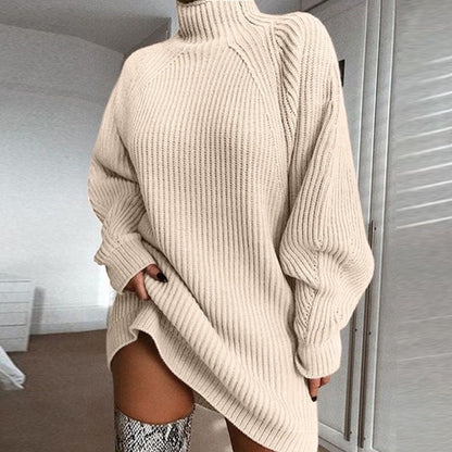 Oversized Damen-Longpullover mit Rollkragen und Rippstrick für den Winter in Beige