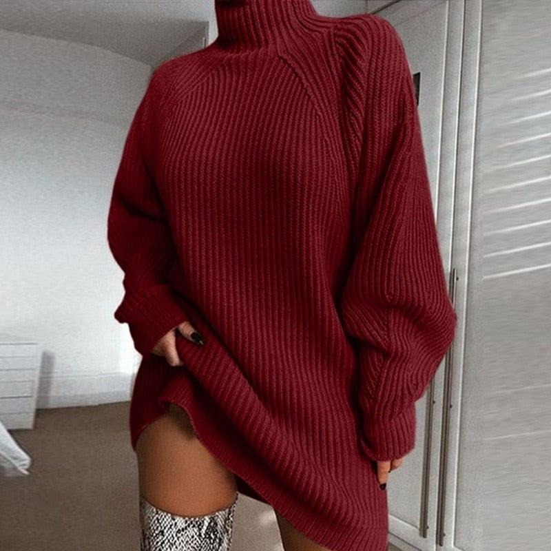 Oversized Damen-Longpullover mit Rollkragen und Rippstrick für den Winter in Weinrot