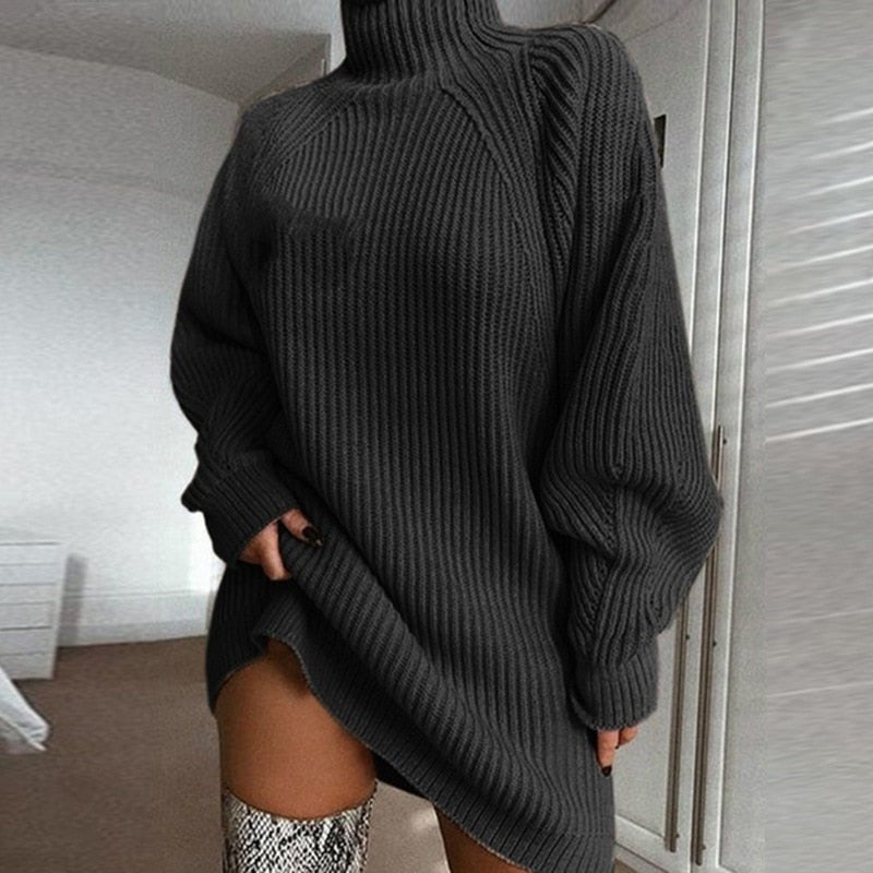 Oversized Damen-Longpullover mit Rollkragen und Rippstrick für den Winter in Schwarz