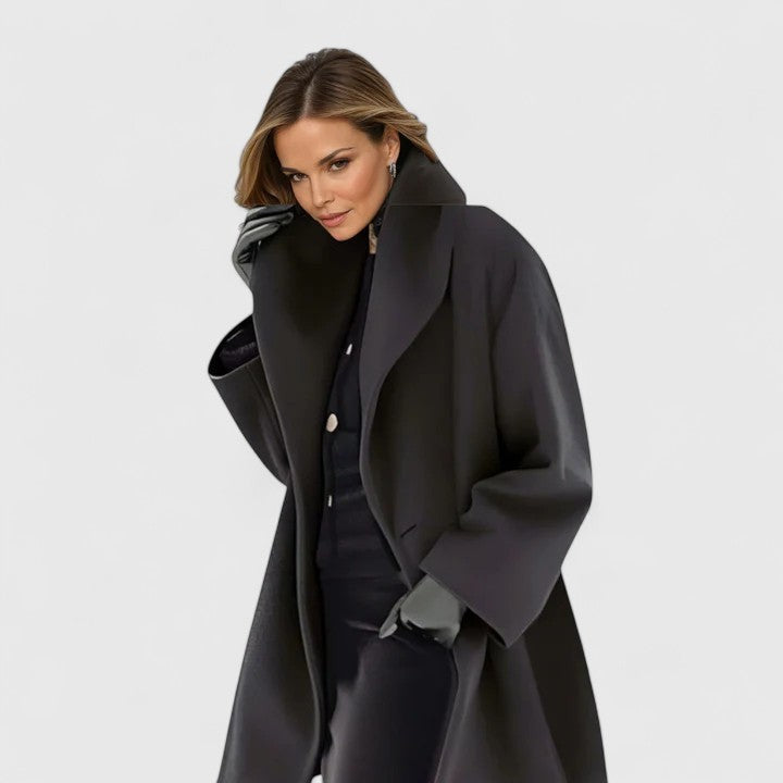 Oversized Damen-Mantel mit großem Schalkragen und weiten Ärmeln, winddicht in Schwarz