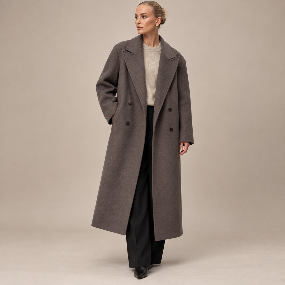 Oversized Damen-Mantel zweireihig mit Reverskragen und Rückenschlitz für Frühling und Herbst in Braun