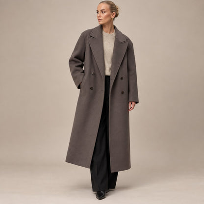 Oversized Damen-Mantel zweireihig mit Reverskragen und Rückenschlitz für Frühling und Herbst in Braun