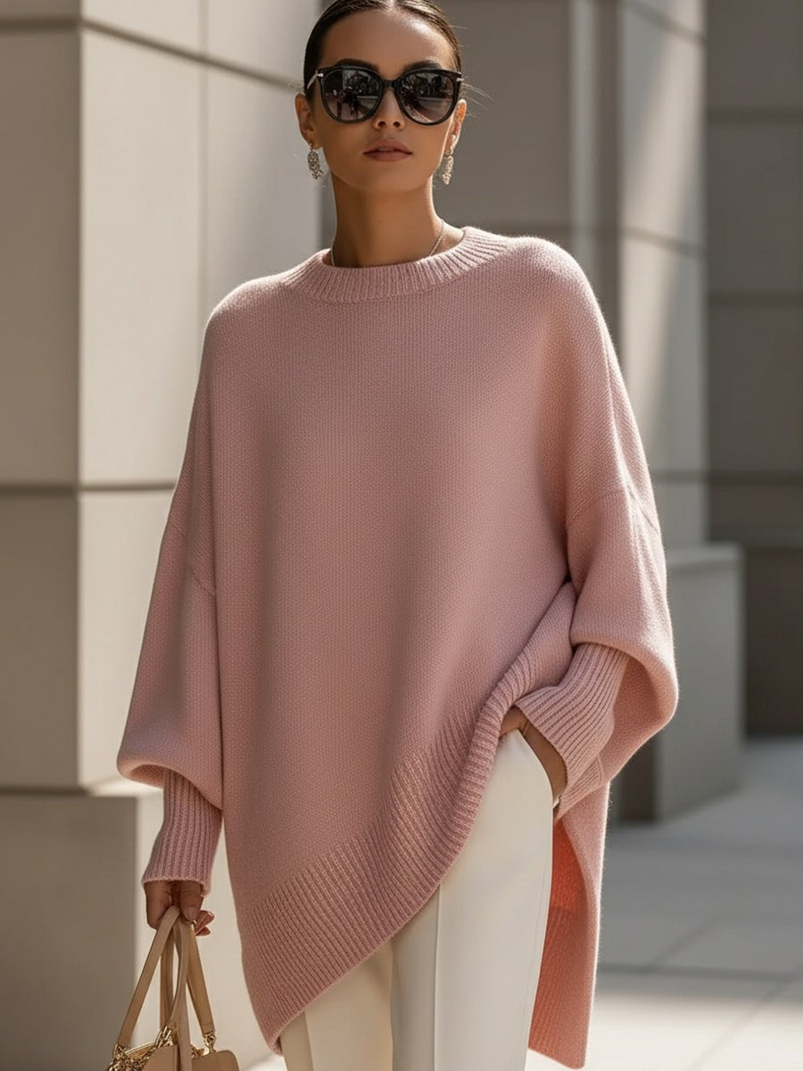Oversized Damen-Pullover aus Wollmischung mit Rundhals und asymmetrischem Saum in Pink