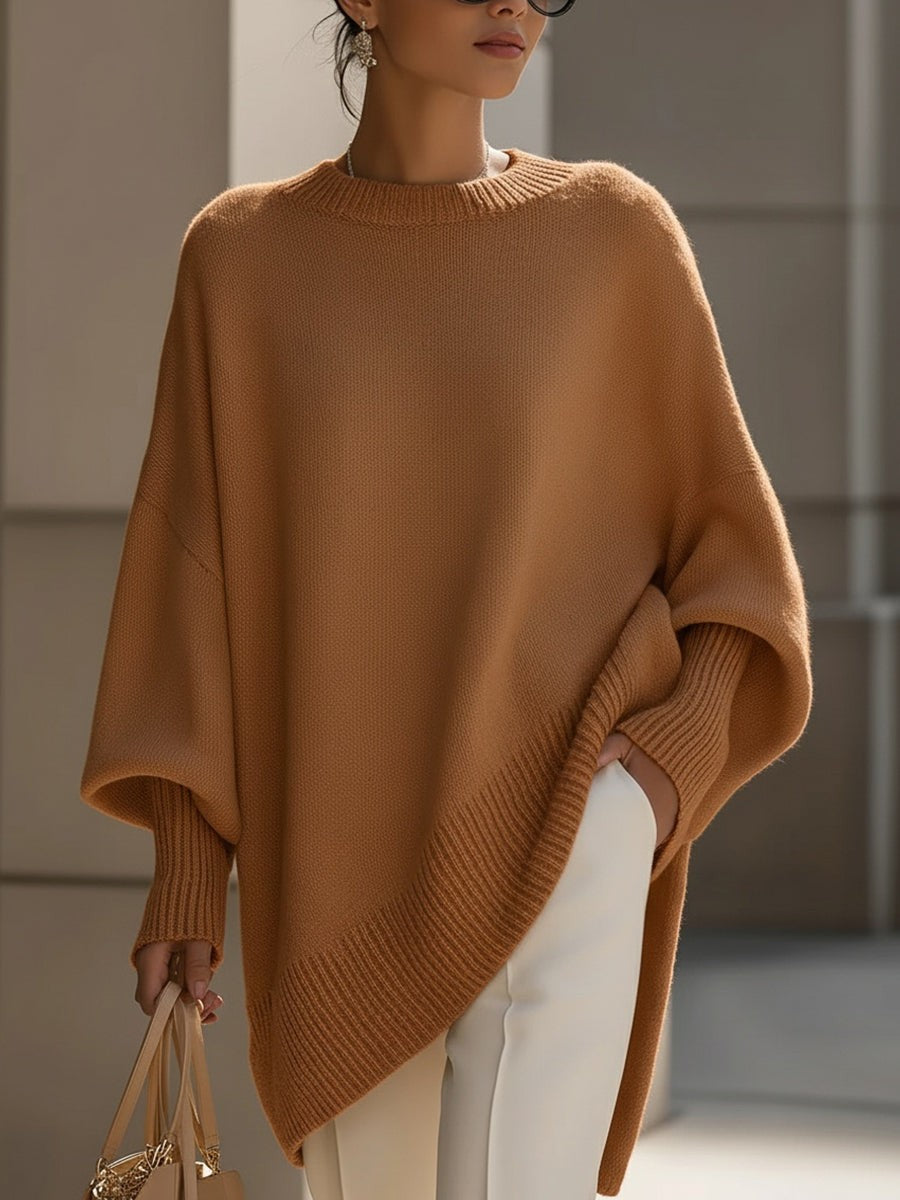 Oversized Damen-Pullover aus Wollmischung mit Rundhals und asymmetrischem Saum in Braun