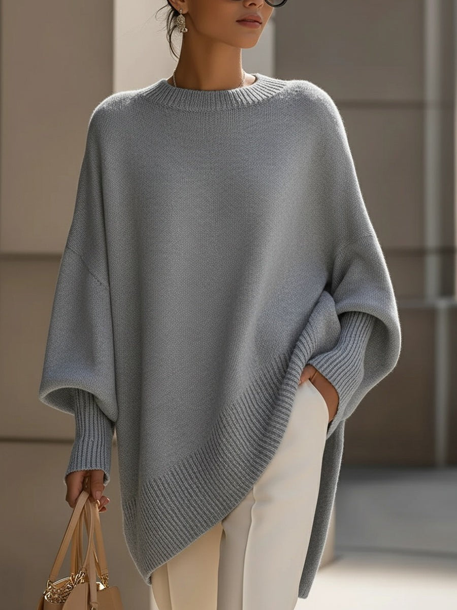 Oversized Damen-Pullover aus Wollmischung mit Rundhals und asymmetrischem Saum in Grau
