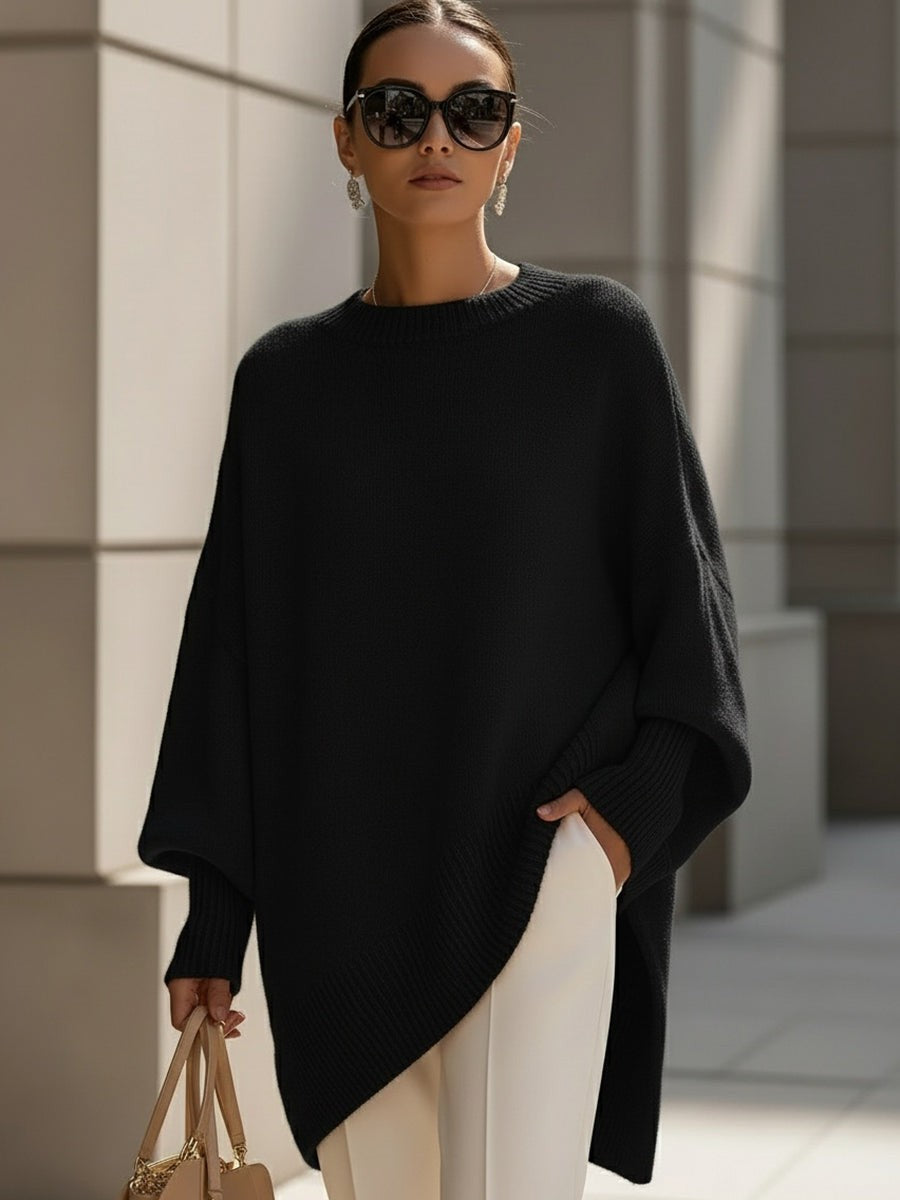 Oversized Damen-Pullover aus Wollmischung mit Rundhals und asymmetrischem Saum in Schwarz