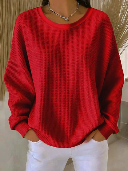 Oversized Damen-Pullover mit Waffelstruktur, Rundhals und überschnittenen Schultern in Rot