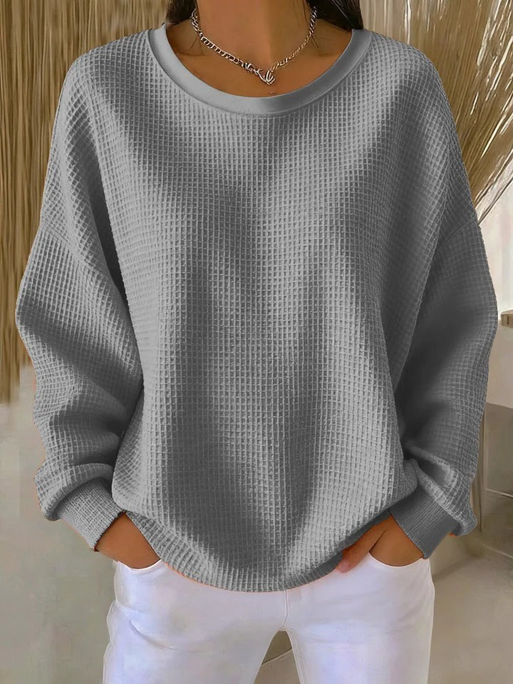 Oversized Damen-Pullover mit Waffelstruktur, Rundhals und überschnittenen Schultern in Grau