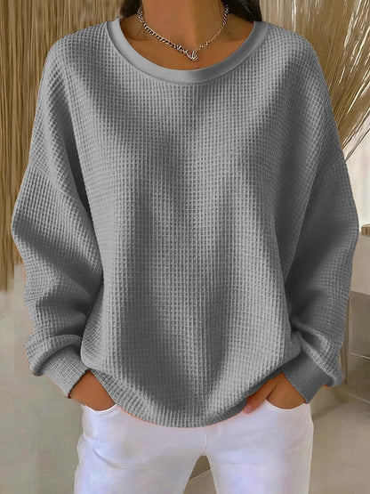 Oversized Damen-Pullover mit Waffelstruktur, Rundhals und überschnittenen Schultern in Grau