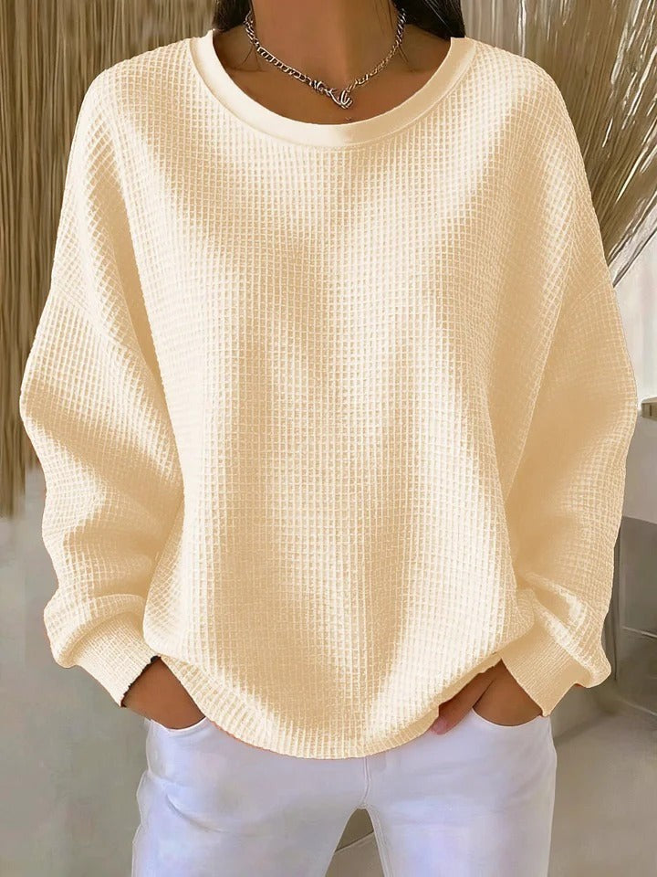 Oversized Damen-Pullover mit Waffelstruktur, Rundhals und überschnittenen Schultern in Aprikose